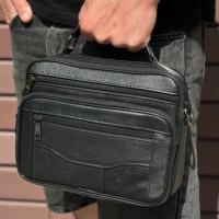 Мужская кожаная сумка-барсетка 25×19×6.5, мессенджер с ручкой и ремнем через плечо BX-10041 черный