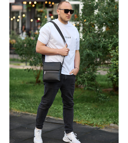 Кожаная мужская сумка-мессенджер 21х23х5.5, сумочка кросс боди через плечо черная Tiding Bag 56230