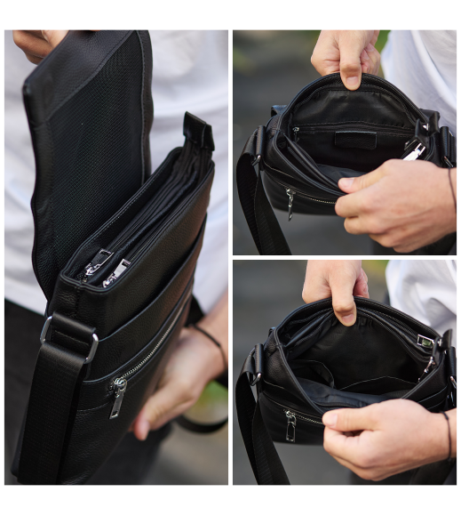 Кожаная мужская сумка-мессенджер 21х23х5.5, сумочка кросс боди через плечо черная Tiding Bag 56230