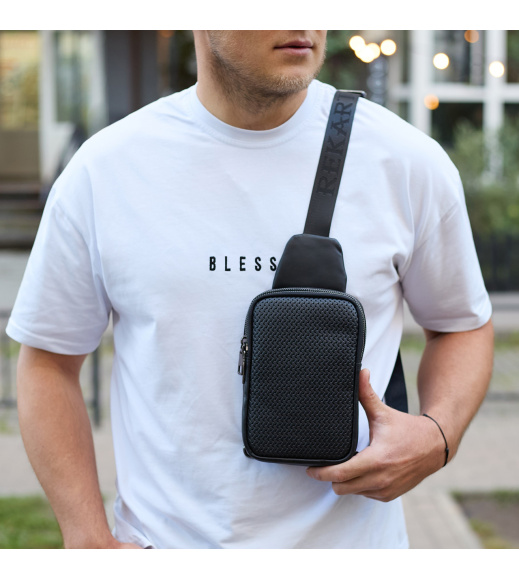 Мужская сумка-слинг через плечо 13х20х5, бананка нагрудная с узором для телефона, черная