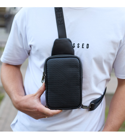Мужская сумка-слинг через плечо 13х20х5, бананка нагрудная с узором для телефона, черная