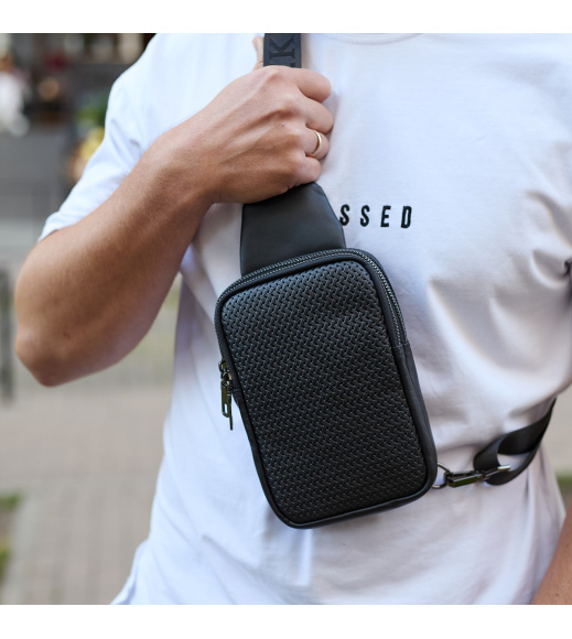 Мужская сумка-слинг через плечо 13х20х5, бананка нагрудная с узором для телефона, черная