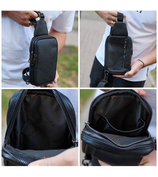 Мужская сумка-слинг через плечо 13х20х5, бананка нагрудная с узором для телефона, черная