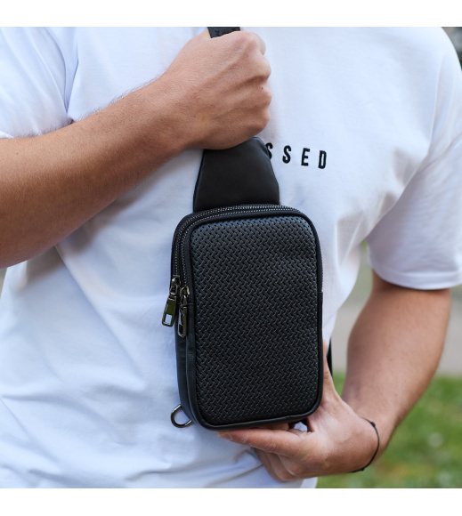 Мужская сумка-слинг через плечо 13х20х5, бананка нагрудная с узором для телефона, черная