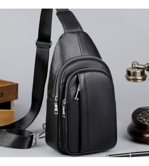 Мужская кожаная сумка-бананка на одно плечо 18х32х7, рюкзак слинг для телефона и мелочи TIDING BAG 83228 черный
