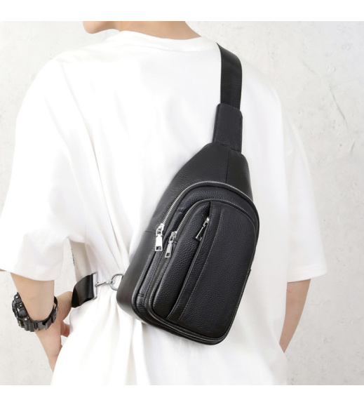 Мужская кожаная сумка-бананка на одно плечо 18х32х7, рюкзак слинг для телефона и мелочи TIDING BAG 83228 черный