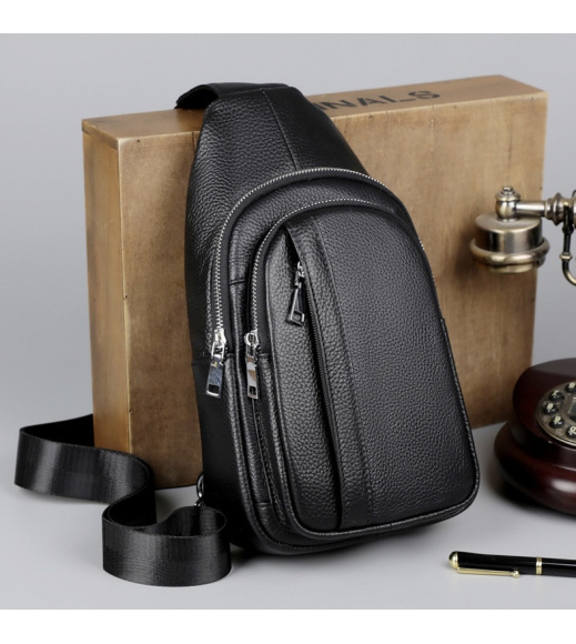 Мужская кожаная сумка-бананка на одно плечо 18х32х7, рюкзак слинг для телефона и мелочи TIDING BAG 83228 черный