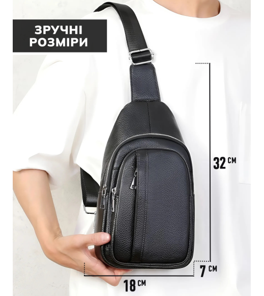 Мужская кожаная сумка-бананка на одно плечо 18х32х7, рюкзак слинг для телефона и мелочи TIDING BAG 83228 черный