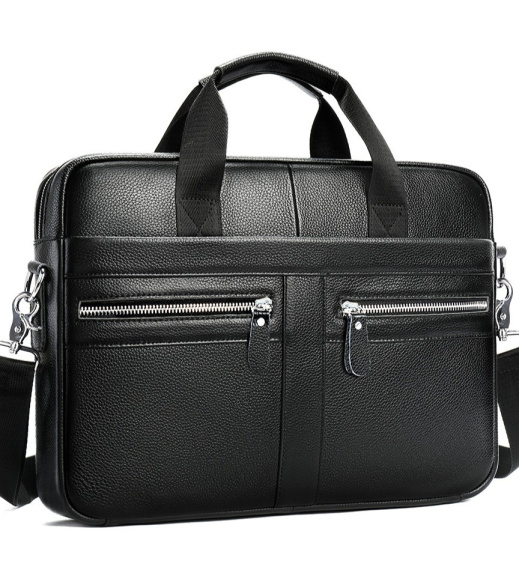 Кожаная мужская сумка для ноутбука и документов черная 39x28x8, портфель для бумаг, черный