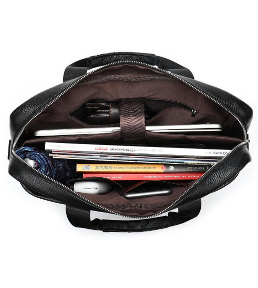 Кожаная мужская сумка для ноутбука и документов черная 39x28x8, портфель для бумаг, черный