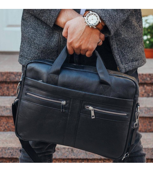 Кожаная мужская сумка для ноутбука и документов черная 39x28x8, портфель для бумаг, черный