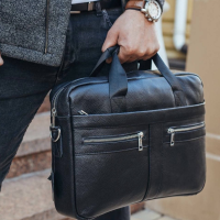 Кожаная мужская сумка для ноутбука и документов черная 39x28x8, портфель для бумаг, черный