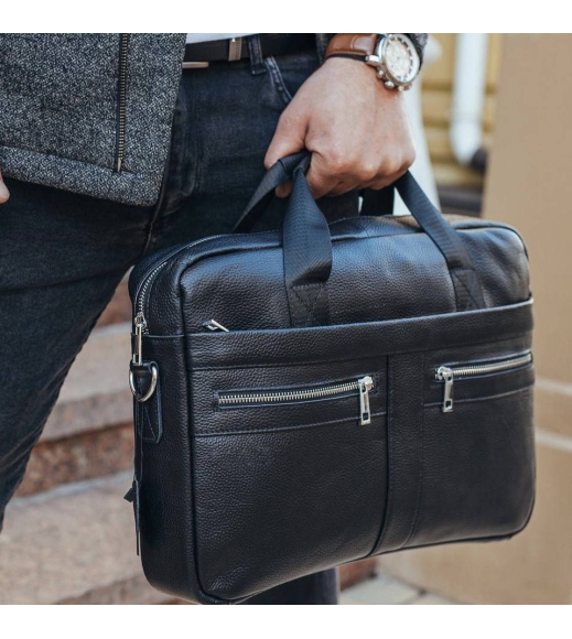 Кожаная мужская сумка для ноутбука и документов черная 39x28x8, портфель для бумаг, черный