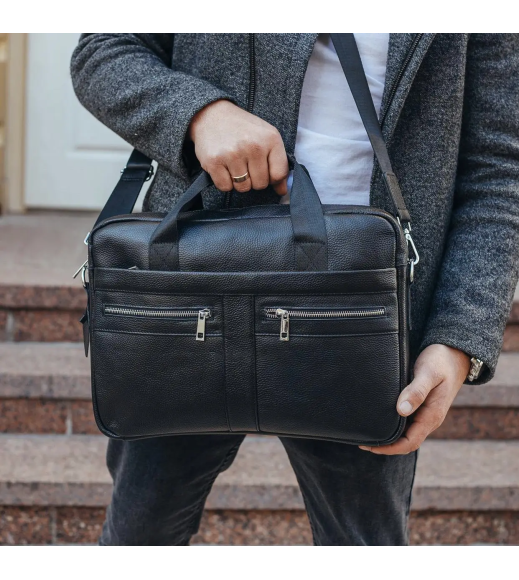 Кожаная мужская сумка для ноутбука и документов черная 39x28x8, портфель для бумаг, черный