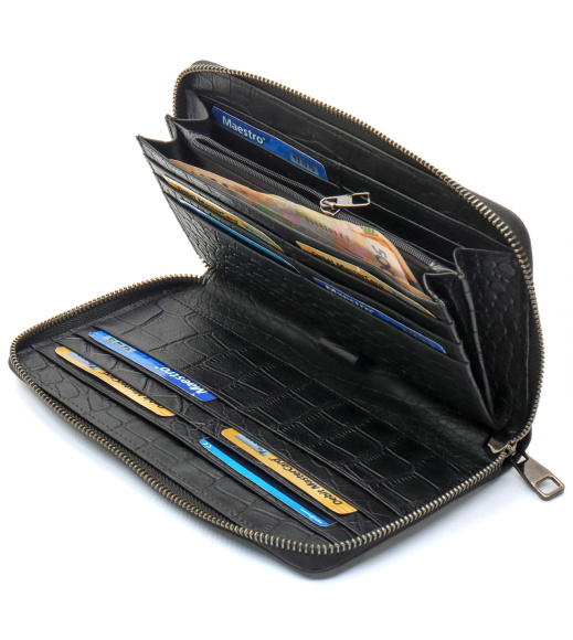 Черный кошелек-клатч на молнии с блоком под карты из натуральной кожи Marco Coverna MCJP-5901A