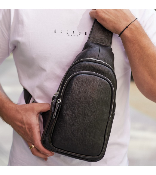 Мужской слинг кожаный 32х18х8, сумка рюкзак на плече зернистый, бананка для документов23242 черная