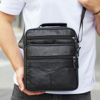 Мужская барсетка через плечо 23х27х9/мессенджер наплечный из натуральной кожи, черный