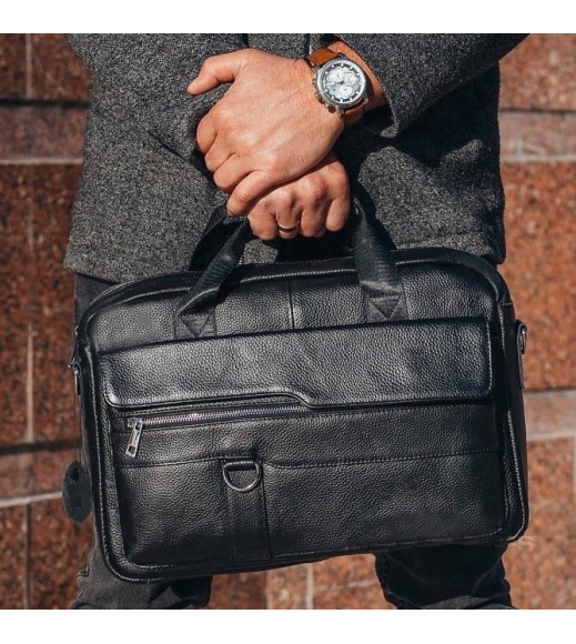 Кожаный мужской портфель для документов и ноутбука 39x28x8, сумка папка деловая MK39848 черная