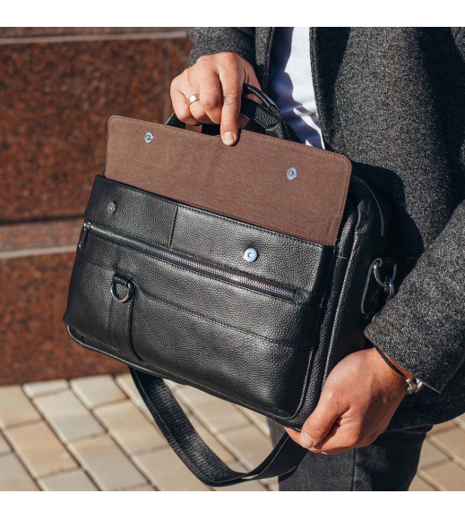 Кожаный мужской портфель для документов и ноутбука 39x28x8, сумка папка деловая MK39848 черная
