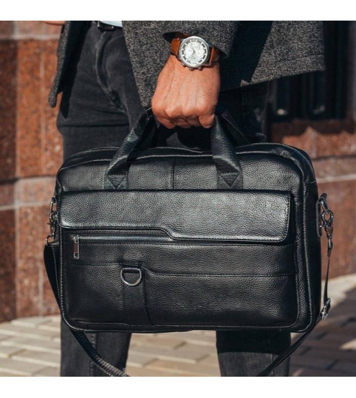 Кожаный мужской портфель для документов и ноутбука 39x28x8, сумка папка деловая MK39848 черная
