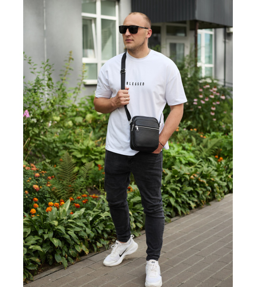 Мужская кожаная барсетка 21х17х7, сумка для города, компактный мессенджер для ежедневного использования, черная