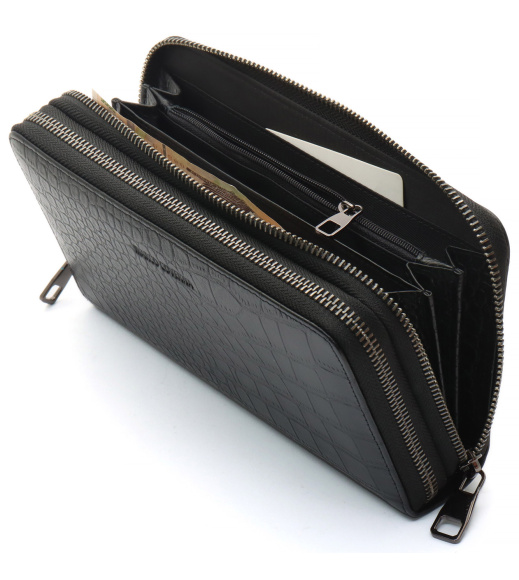 Черный кошелек-клатч на две молнии из фактурной натуральной кожи Marco Coverna MCJP-5902B