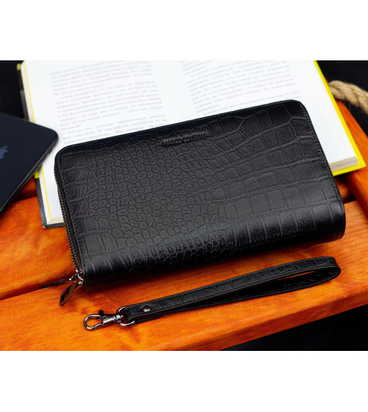 Черный кошелек-клатч на две молнии из фактурной натуральной кожи Marco Coverna MCJP-5902B