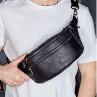 Стильная мужская бананка из натуральной гладкой кожи 14х25х10, сумка нагрудная для телефона NM-50358 черная