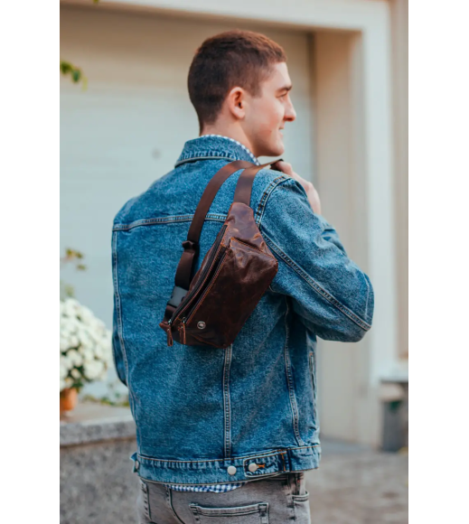 Мужская кожаная бананка 24х12х8, сумка конверт на пояс коричневая A37F-323-3A коричневая