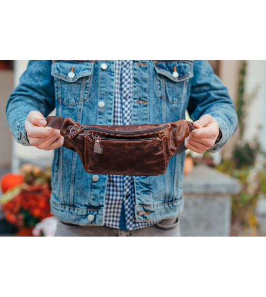 Мужская кожаная бананка 24х12х8, сумка конверт на пояс коричневая A37F-323-3A коричневая