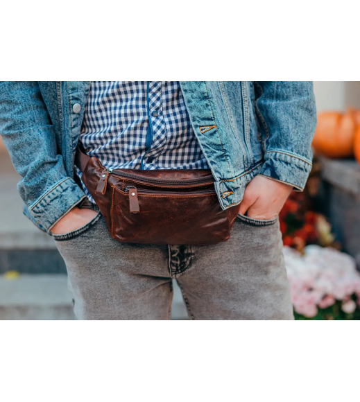 Мужская кожаная бананка 24х12х8, сумка конверт на пояс коричневая A37F-323-3A коричневая