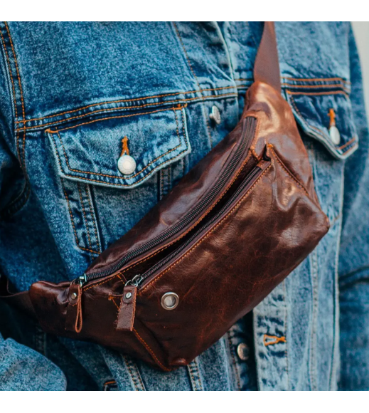 Мужская кожаная бананка 24х12х8, сумка конверт на пояс коричневая A37F-323-3A коричневая