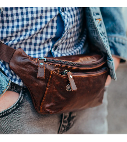 Мужская кожаная бананка 24х12х8, сумка конверт на пояс коричневая A37F-323-3A коричневая