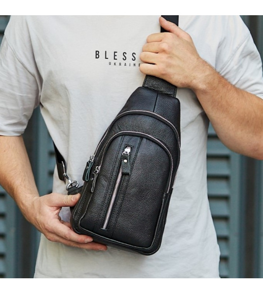 Сумка-слинг мужская на одно плечо 18х32х7, рюкзак нагрудный из натуральной кожи 74521 черный