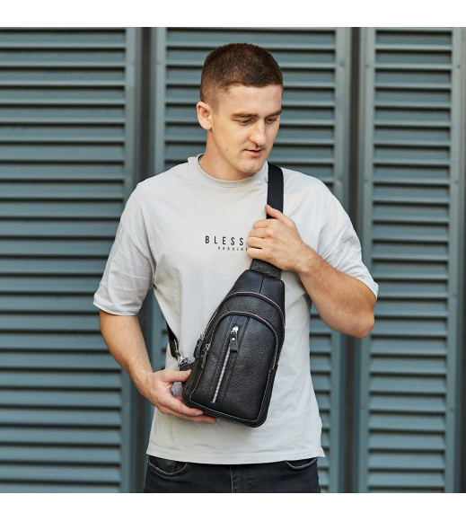 Сумка-слинг мужская на одно плечо 18х32х7, рюкзак нагрудный из натуральной кожи 74521 черный