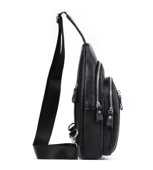 Сумка-слинг мужская на одно плечо 18х32х7, рюкзак нагрудный из натуральной кожи 74521 черный