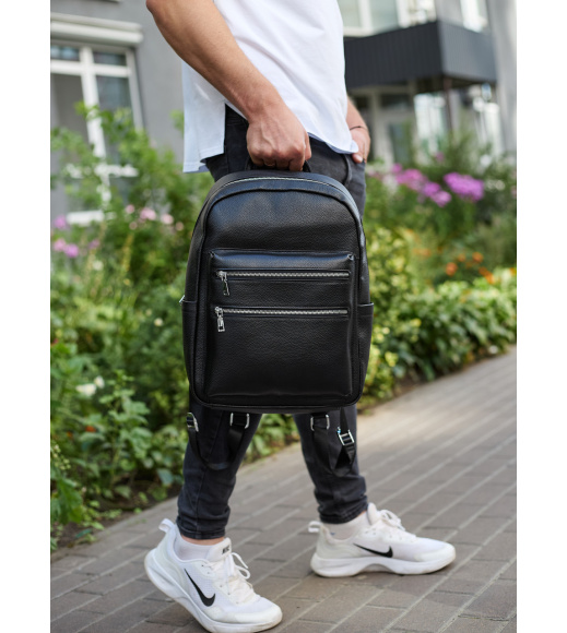 Городской мужской рюкзак из натуральной кожи 41х30х17, сумка для ноутбука и документов, черный.