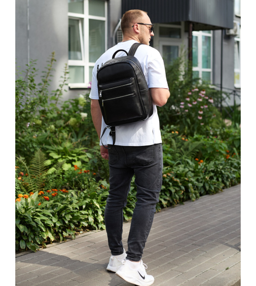 Городской мужской рюкзак из натуральной кожи 41х30х17, сумка для ноутбука и документов, черный.