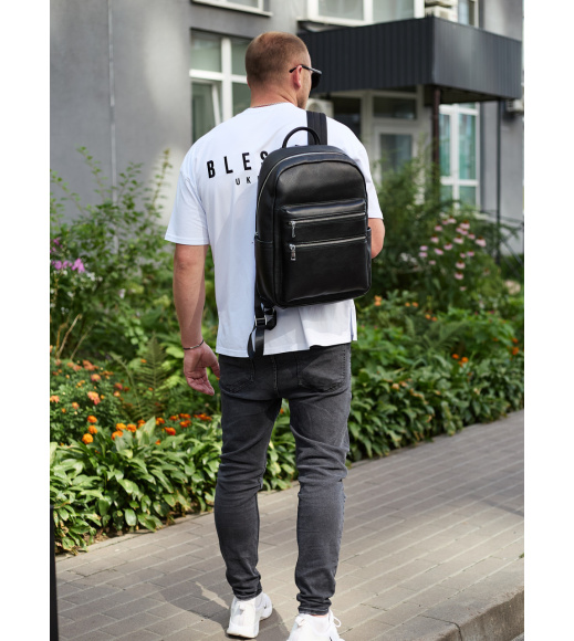 Городской мужской рюкзак из натуральной кожи 41х30х17, сумка для ноутбука и документов, черный.