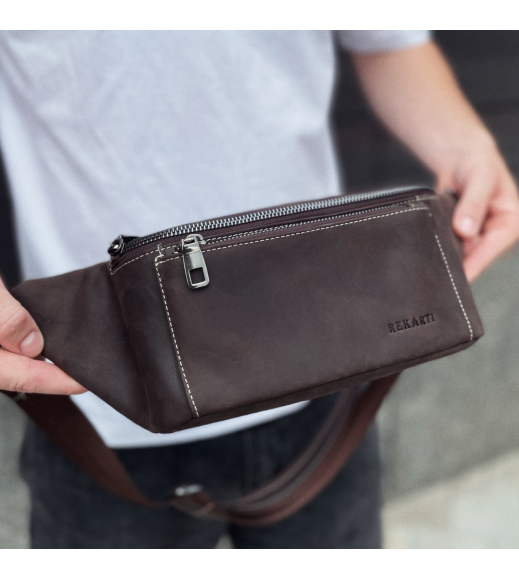 Сумка-бананка из кожи 24х11х8, мужской крейзи хорс для гаджетов на пояс CH-7371 коричневая