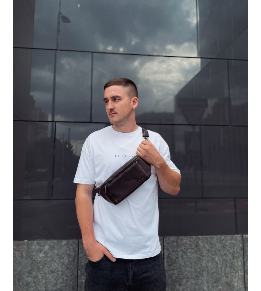 Сумка-бананка из кожи 24х11х8, мужской крейзи хорс для гаджетов на пояс CH-7371 коричневая