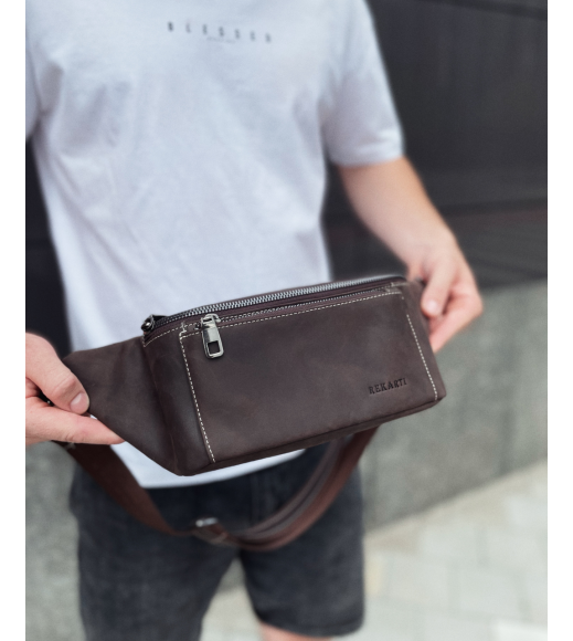Сумка-бананка из кожи 24х11х8, мужской крейзи хорс для гаджетов на пояс CH-7371 коричневая
