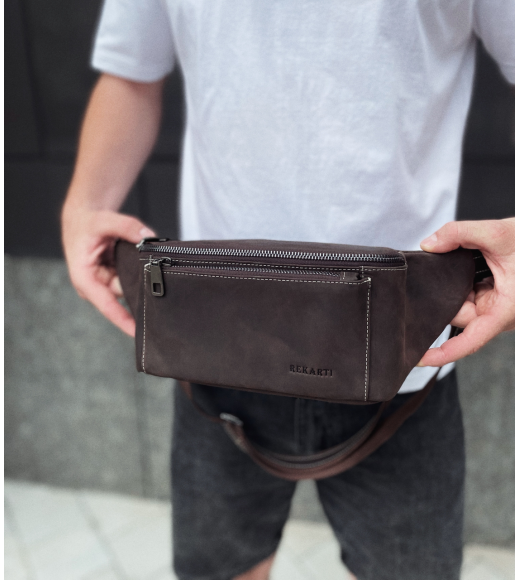 Сумка-бананка из кожи 24х11х8, мужской крейзи хорс для гаджетов на пояс CH-7371 коричневая
