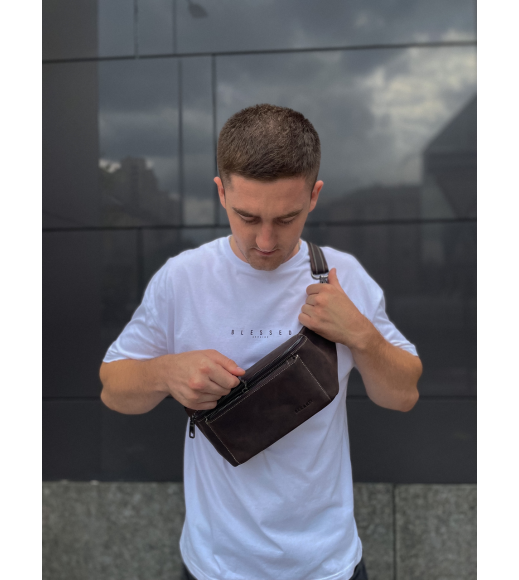 Сумка-бананка из кожи 24х11х8, мужской крейзи хорс для гаджетов на пояс CH-7371 коричневая