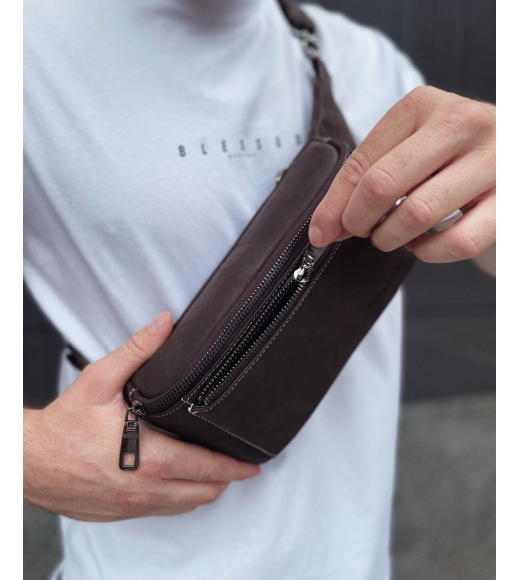 Сумка-бананка из кожи 24х11х8, мужской крейзи хорс для гаджетов на пояс CH-7371 коричневая