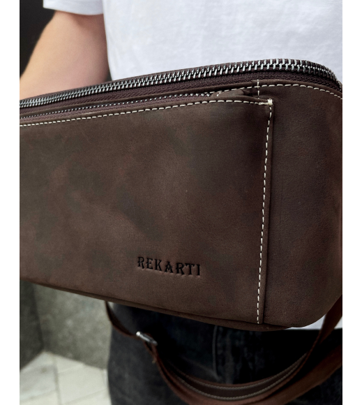 Сумка-бананка из кожи 24х11х8, мужской крейзи хорс для гаджетов на пояс CH-7371 коричневая