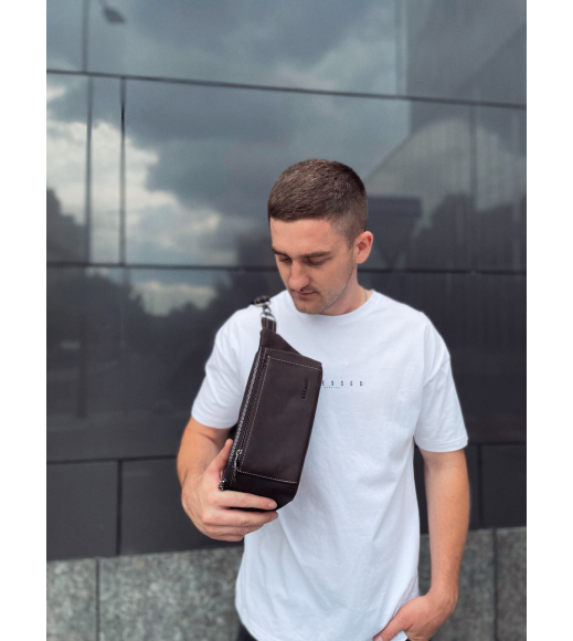 Сумка-бананка из кожи 24х11х8, мужской крейзи хорс для гаджетов на пояс CH-7371 коричневая