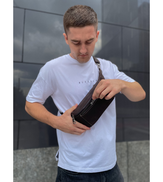 Сумка-бананка из кожи 24х11х8, мужской крейзи хорс для гаджетов на пояс CH-7371 коричневая