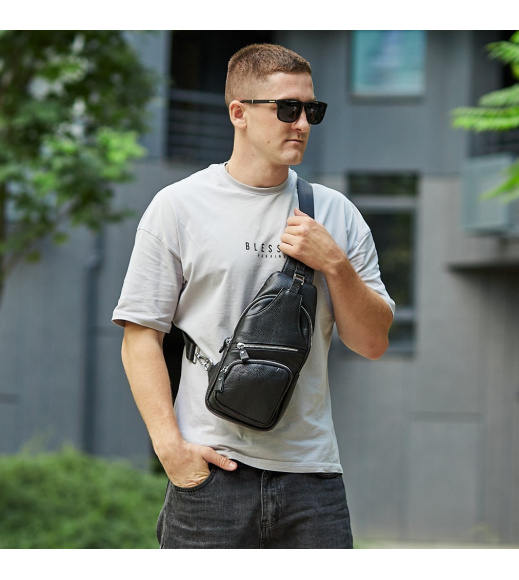 Сумка-слинг мужская на плече 17х32х7, рюкзак нагрудный для кожи TIDING BAG MK16094 черный