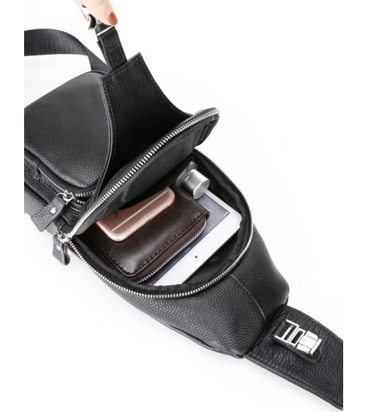 Сумка-слинг мужская на плече 17х32х7, рюкзак нагрудный для кожи TIDING BAG MK16094 черный